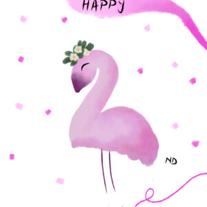 Card design second birthday flamingo