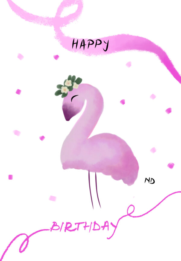 Card design second birthday flamingo