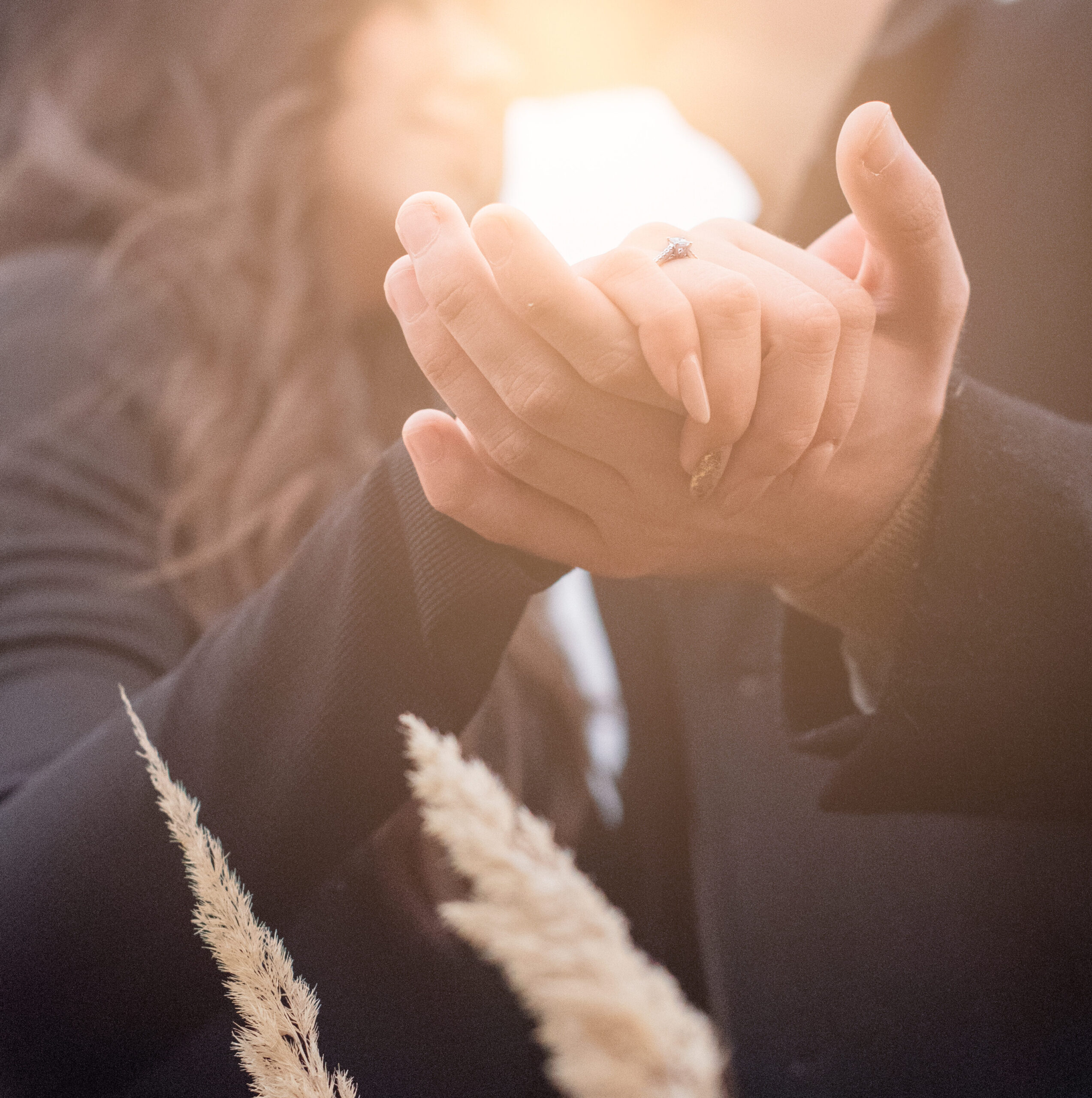 Dreamy romanticised couple photoshoot detail of engagement ring near Focsani
